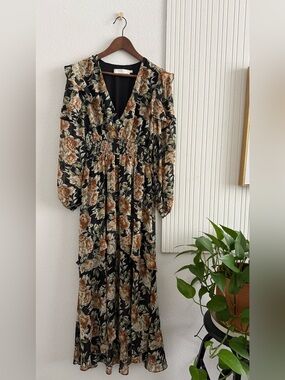 ASTR the Label Black and Brown Floral Long-Sleeve Smocked Waist Maxi Dress